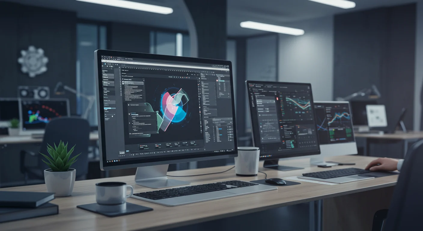 Monitors displaying data dashboards and design software on a wooden office desk in a modern workplace.