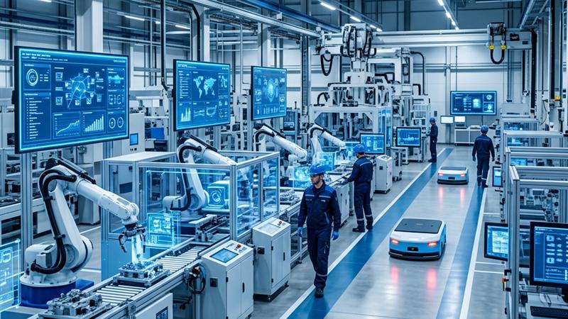 Modern factory floor overlayed with custom automation control screens