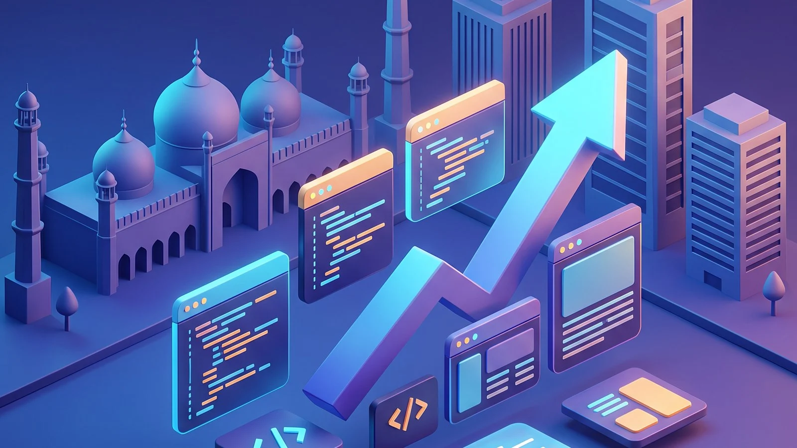 Isometric 3D render of custom software panels and a rising growth arrow over a stylised Lahore skyline