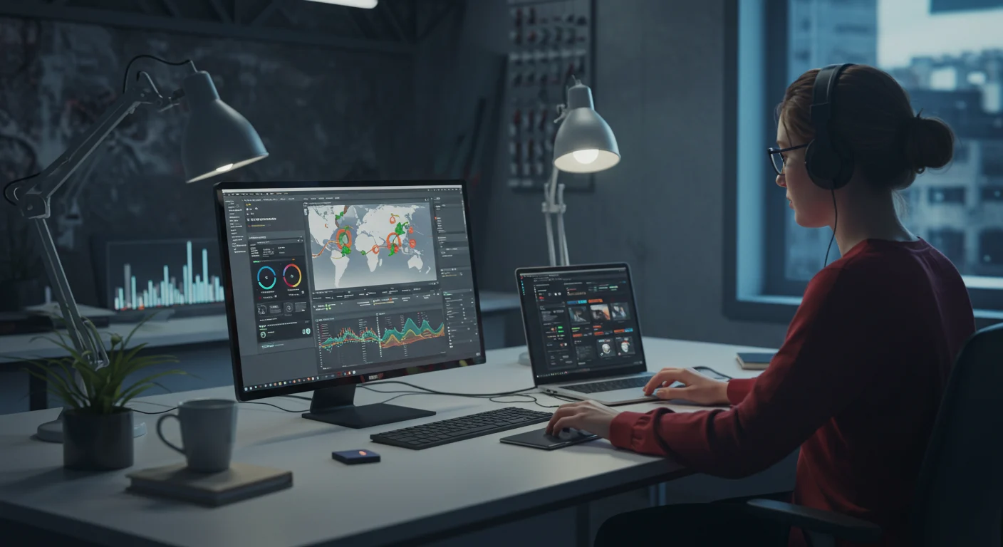 A woman with headphones works on data visualizations and software at a computer desk in a dimly lit modern office.