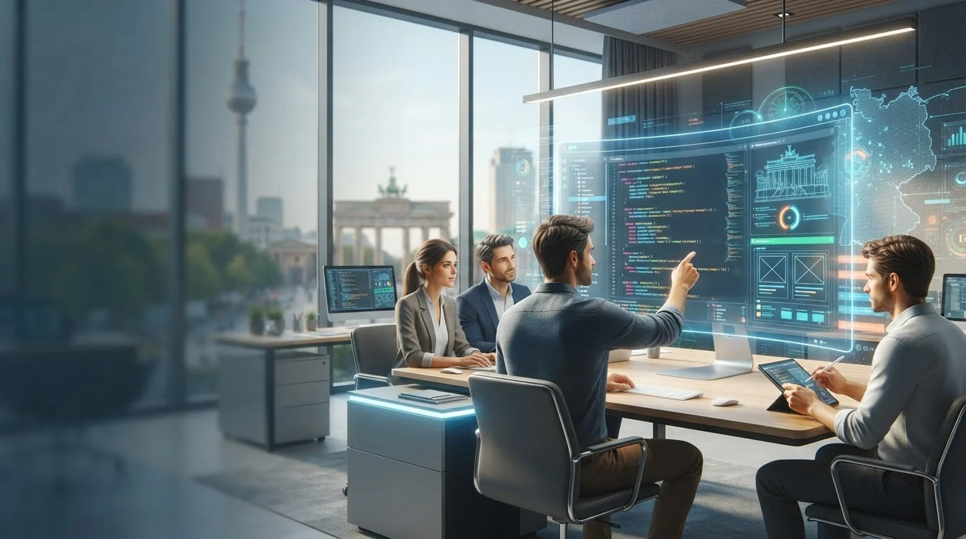 Colleagues collaborate on digital code projections in a modern Berlin office overlooking the Brandenburg Gate.