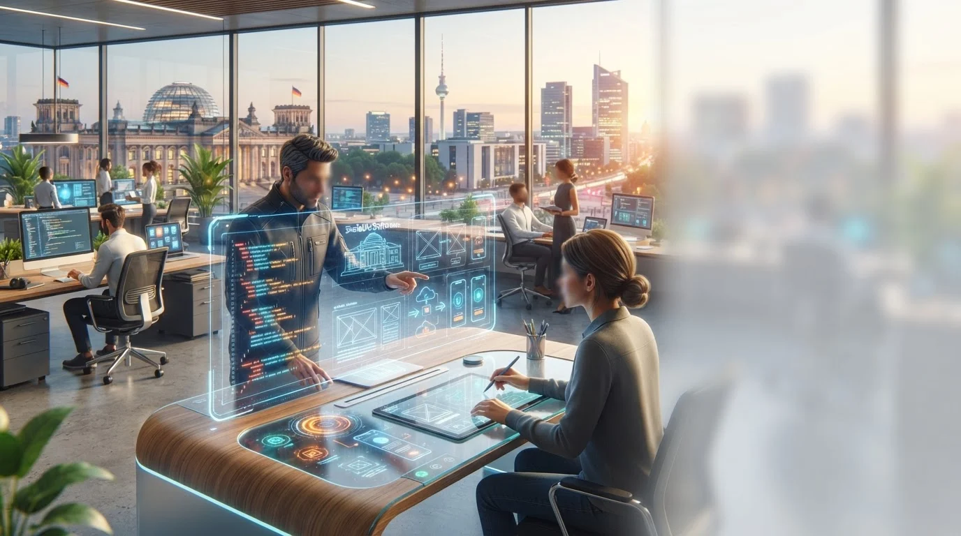 Software developers work with futuristic digital interfaces in a modern Berlin office overlooking the Reichstag.