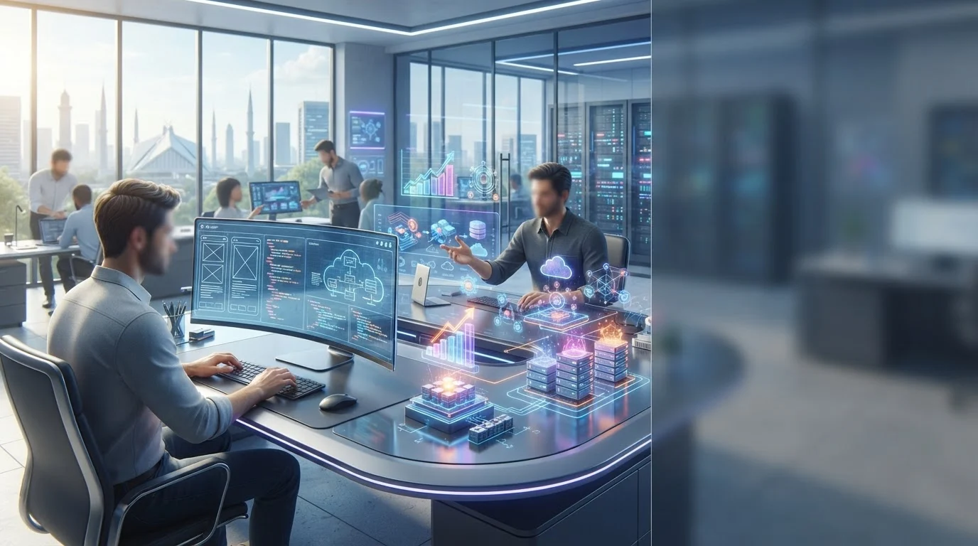 Developers work on code and cloud infrastructure with holographic diagrams in a modern tech office.