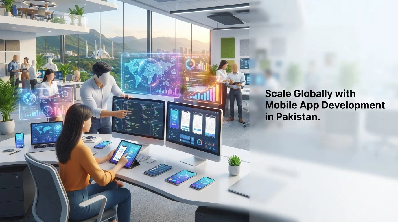 Developers work on mobile app code and UI designs in a modern office overlooking the Faisal Mosque in Islamabad.