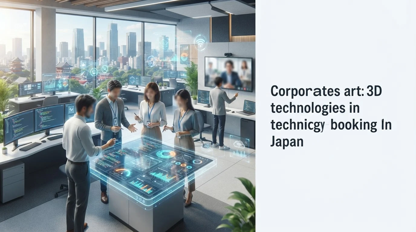 Professionals in a modern Tokyo office gather around a glowing holographic table displaying digital interfaces.