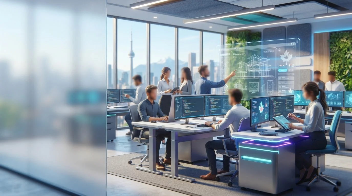 Tech team working on software at modern desks in a Toronto high-rise office overlooking the CN Tower.