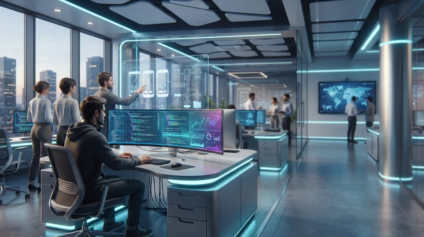Software developers work at modern glowing workstations and holographic UI screens in a futuristic high-rise office.