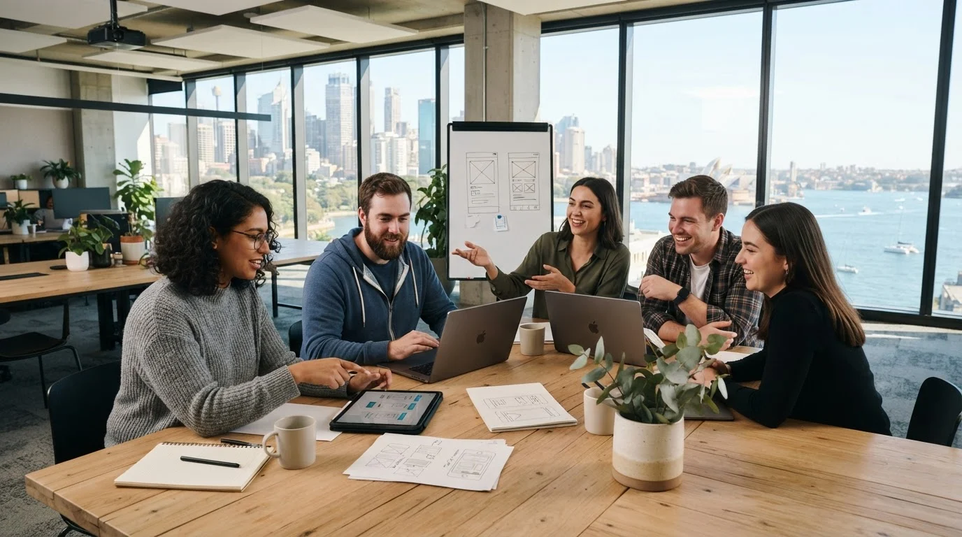 Tech professionals collaborating in a bright Sydney office for a custom software development Australia team.