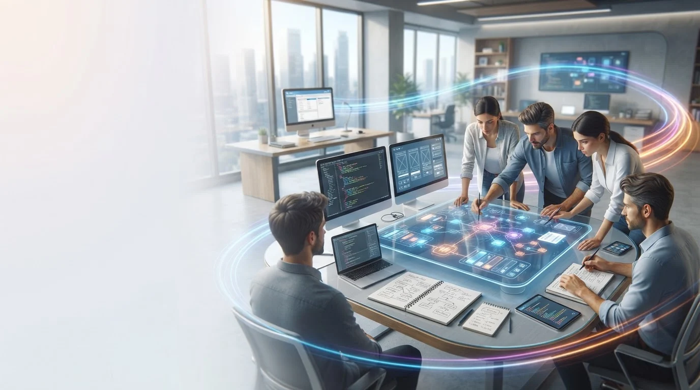 A software development team collaborates around an interactive digital interface on a table in a bright modern office.
