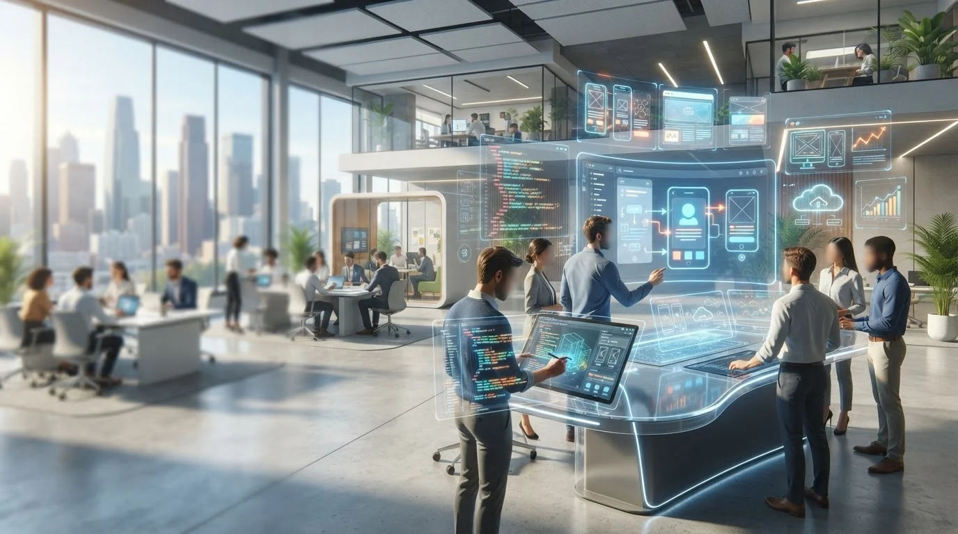 Professionals collaborate around glowing holographic UI displays and code in a modern, sunlit tech office.