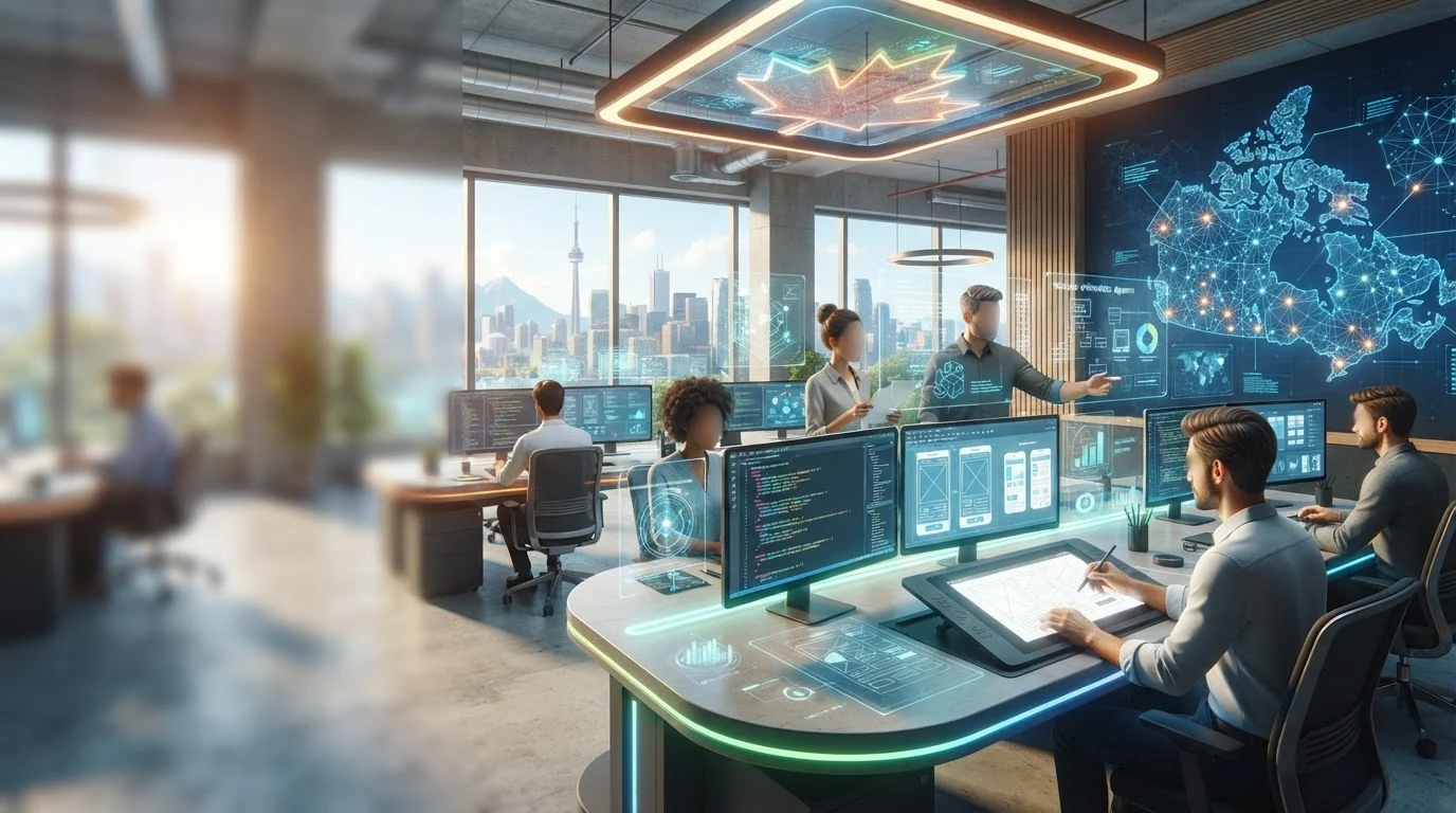 Tech team working on web design and code in a modern Canadian high-rise office overlooking the city skyline.