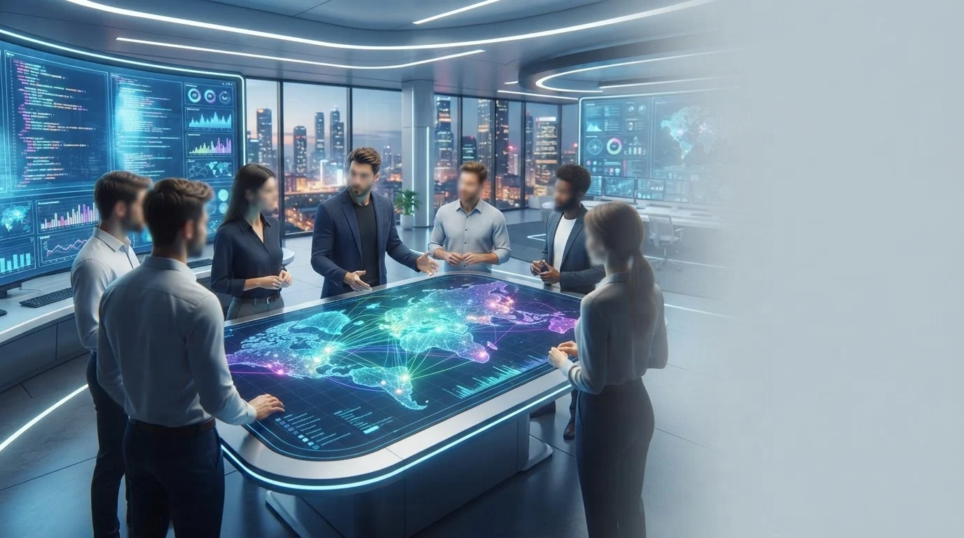 Business team gathered around a futuristic digital table displaying an illuminated global network map in a modern office.
