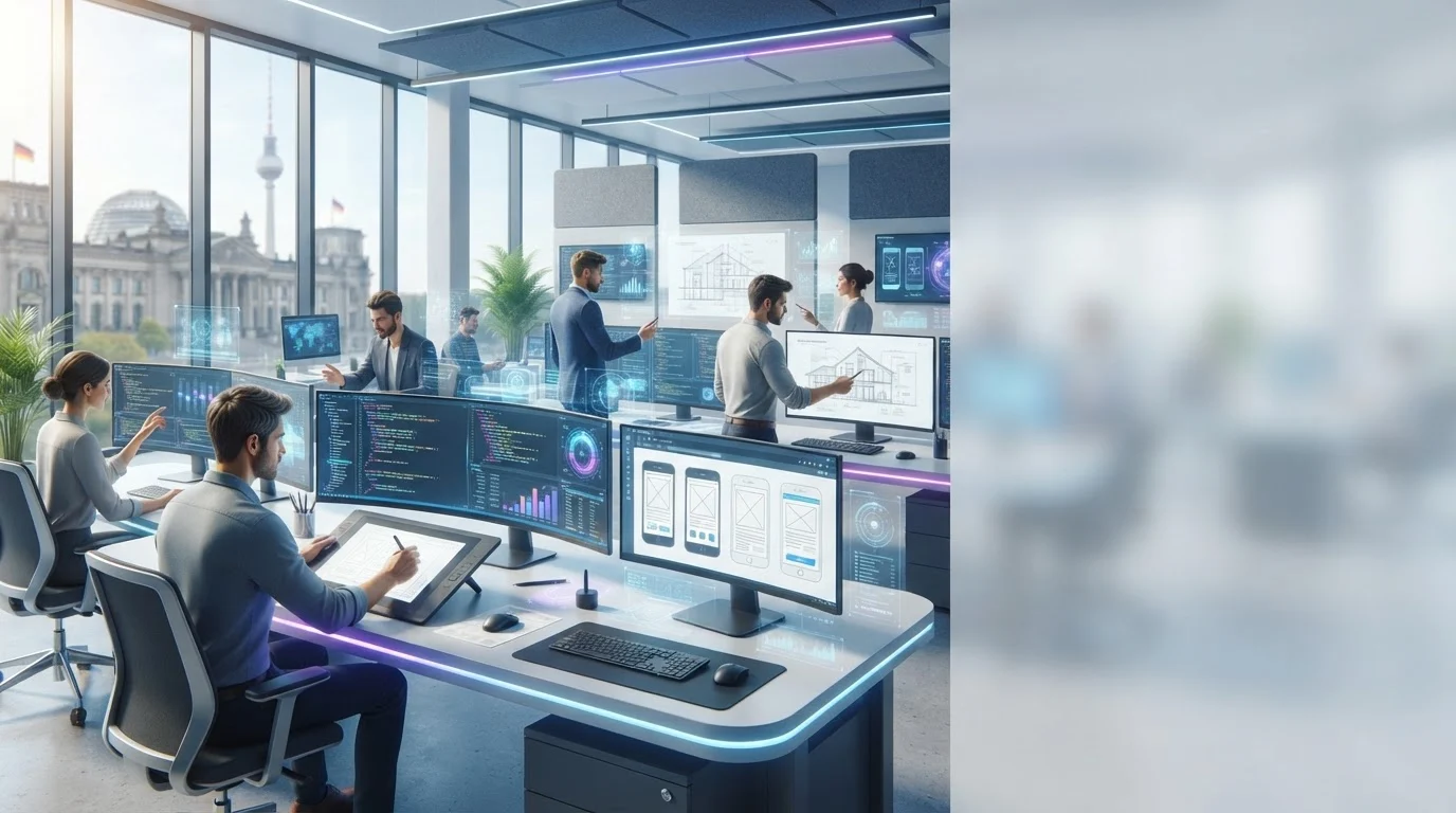 Software engineers and designers work at modern computer workstations in a Berlin office overlooking the Reichstag.