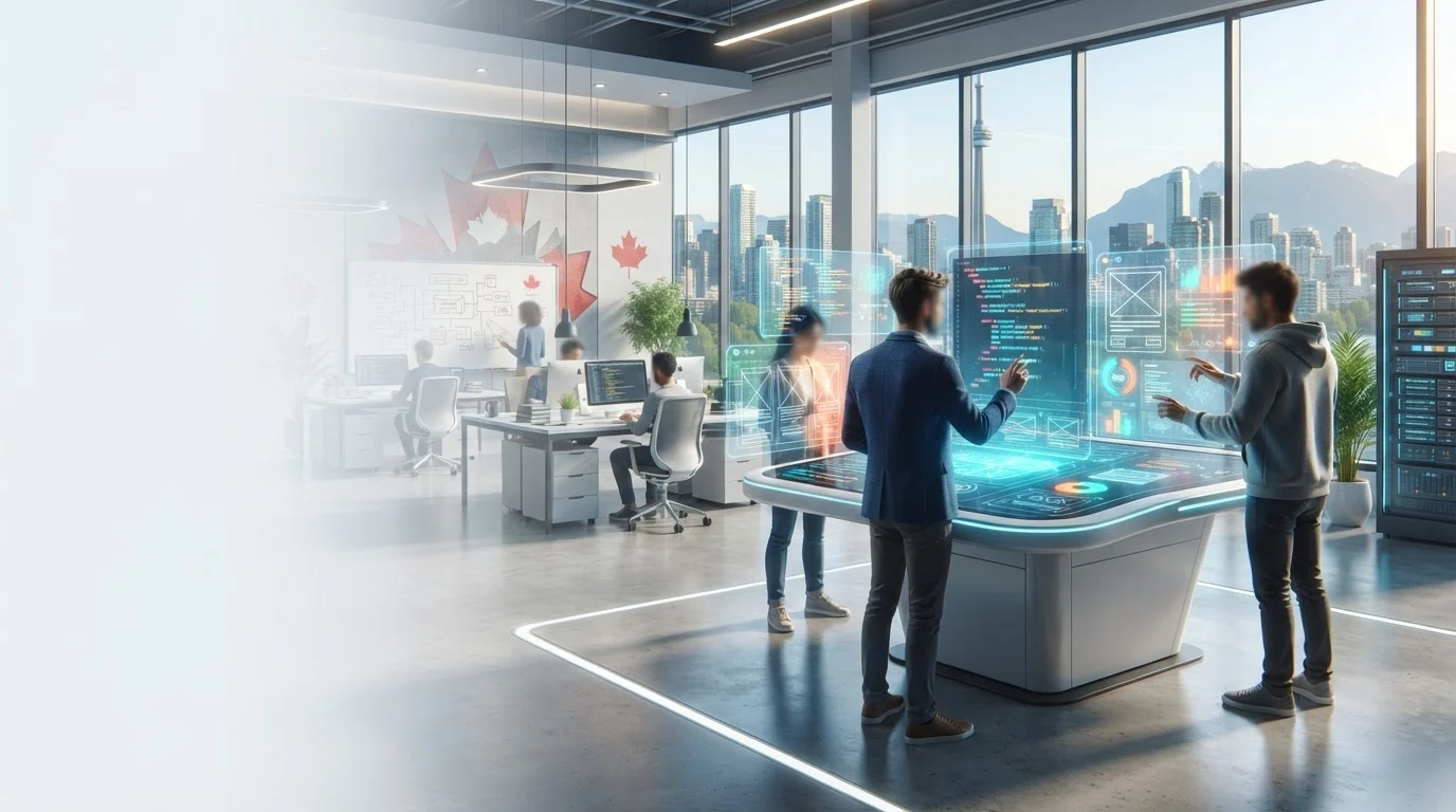 Developers work with futuristic holographic code displays in a modern Canadian office overlooking a city skyline.