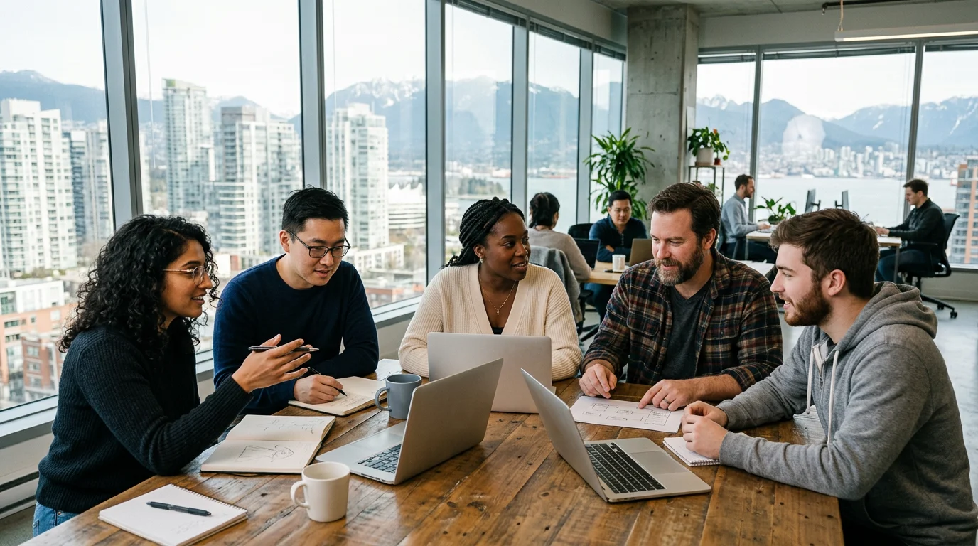 A modern software development company Canada team collaborating at a table with city views in daylight.