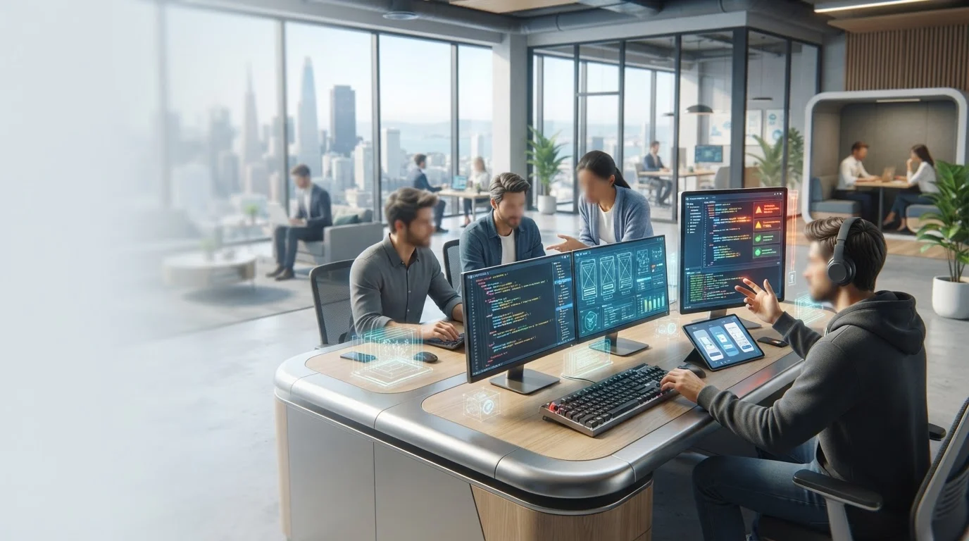 Software developers write code and collaborate in a bright high-rise office overlooking a city skyline.