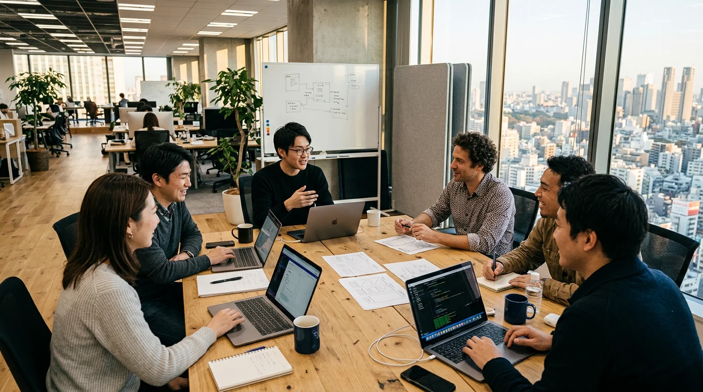 Diverse engineering team collaborating on localized product design with a software development company Japan.