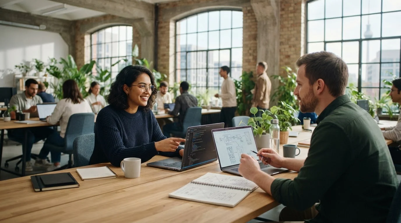 Software development company Germany team collaborating on laptops in a sunlit modern minimalist office in Berlin.