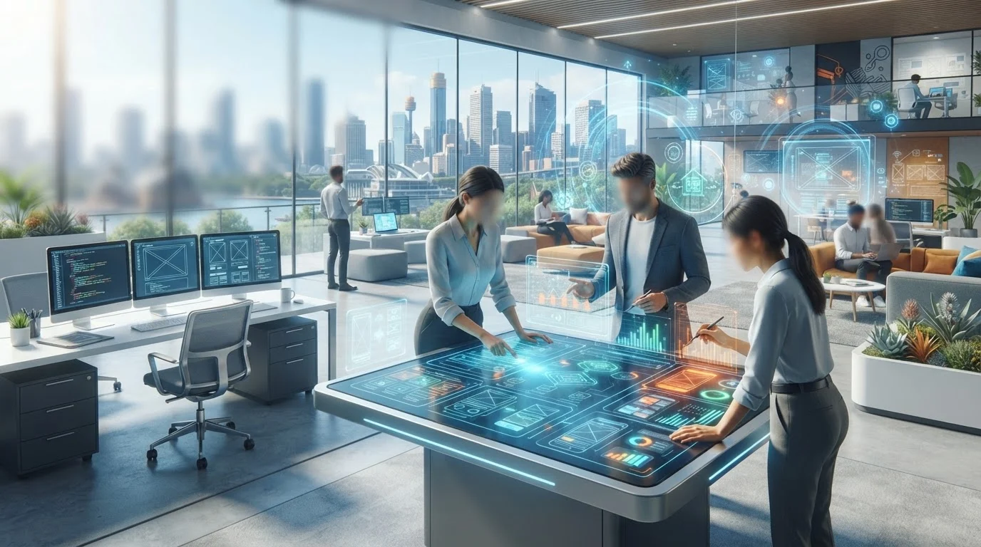 Professionals interact with digital UI wireframes on a futuristic touch table in a high-rise office overlooking Sydney.