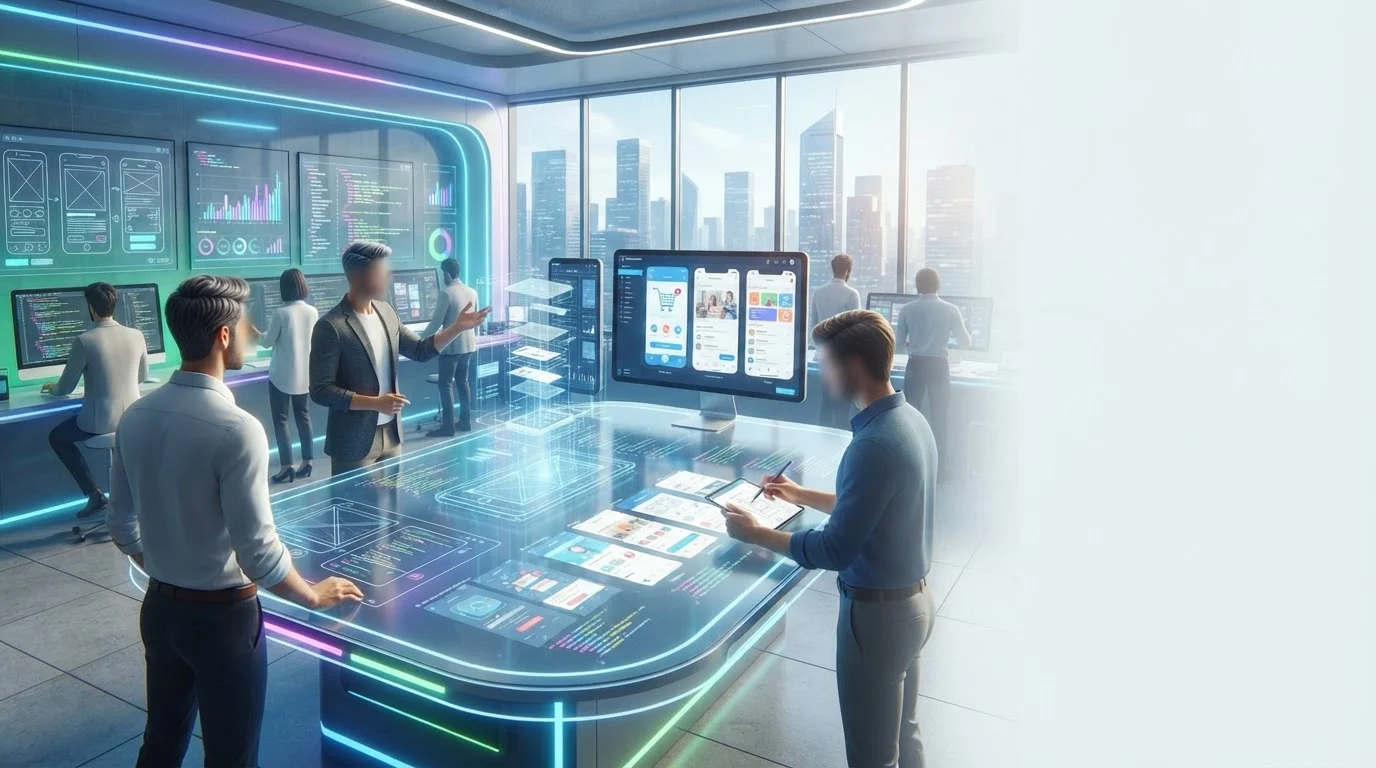 Developers collaborate around a glowing futuristic digital table designing mobile apps in a modern high-rise office.