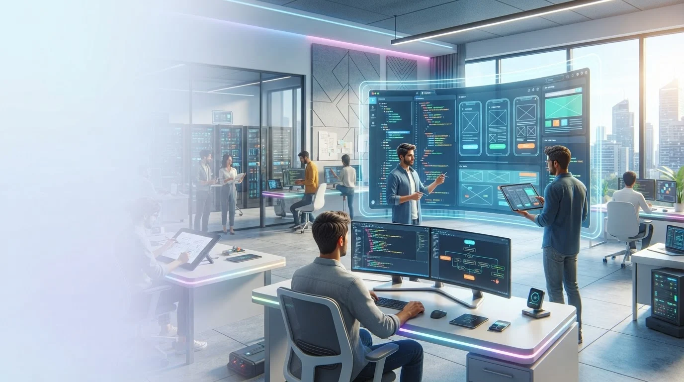 Developers work on coding and interface designs in a modern, bright tech office with digital screens.