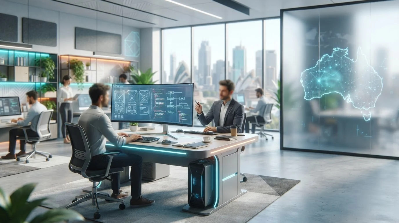 Web designers collaborate in a modern office with curved monitors and a digital map of Australia in the background.