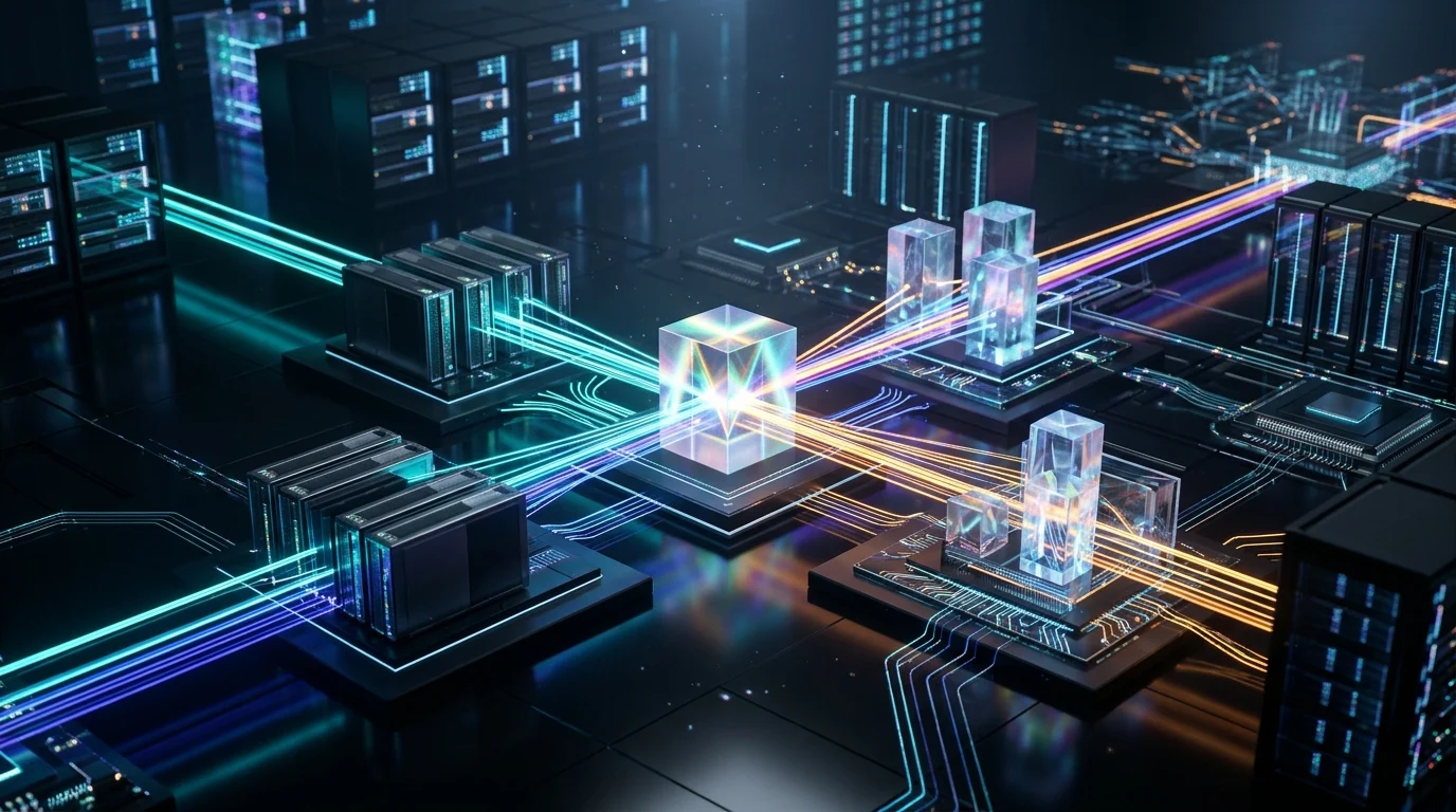 High-end 3D architectural visualization of enterprise AI gateway control plane routing photonic data streams across distributed microchips and vector caching clusters