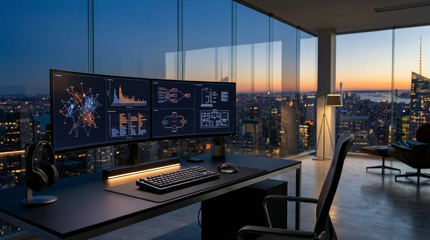 High-end 3D architectural visualization of enterprise headless software engineering workstation with dual OLED displays