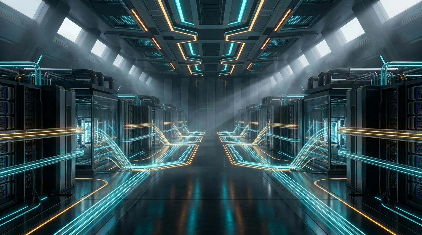 Enterprise LLM serving infrastructure showing modular GPU server clusters and tensor processing pipelines in a high-density datacenter