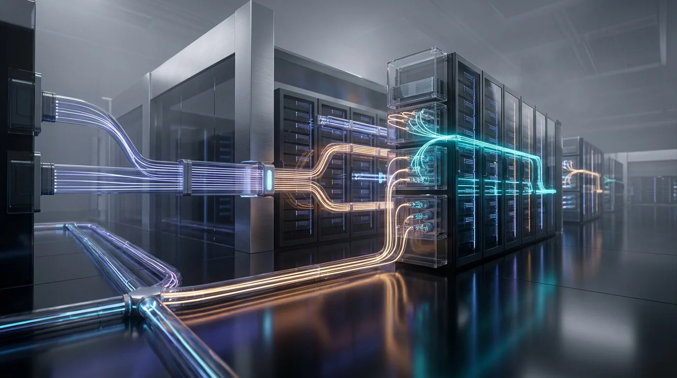 High-end 3D architectural visualization of enterprise event-driven data streaming pipeline in ultra-modern datacenter with photonic fiber routing