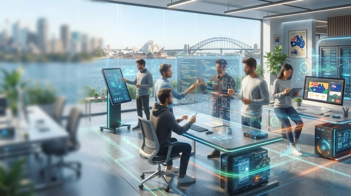 Software developers working on holographic interfaces in a modern Sydney office overlooking the harbour.