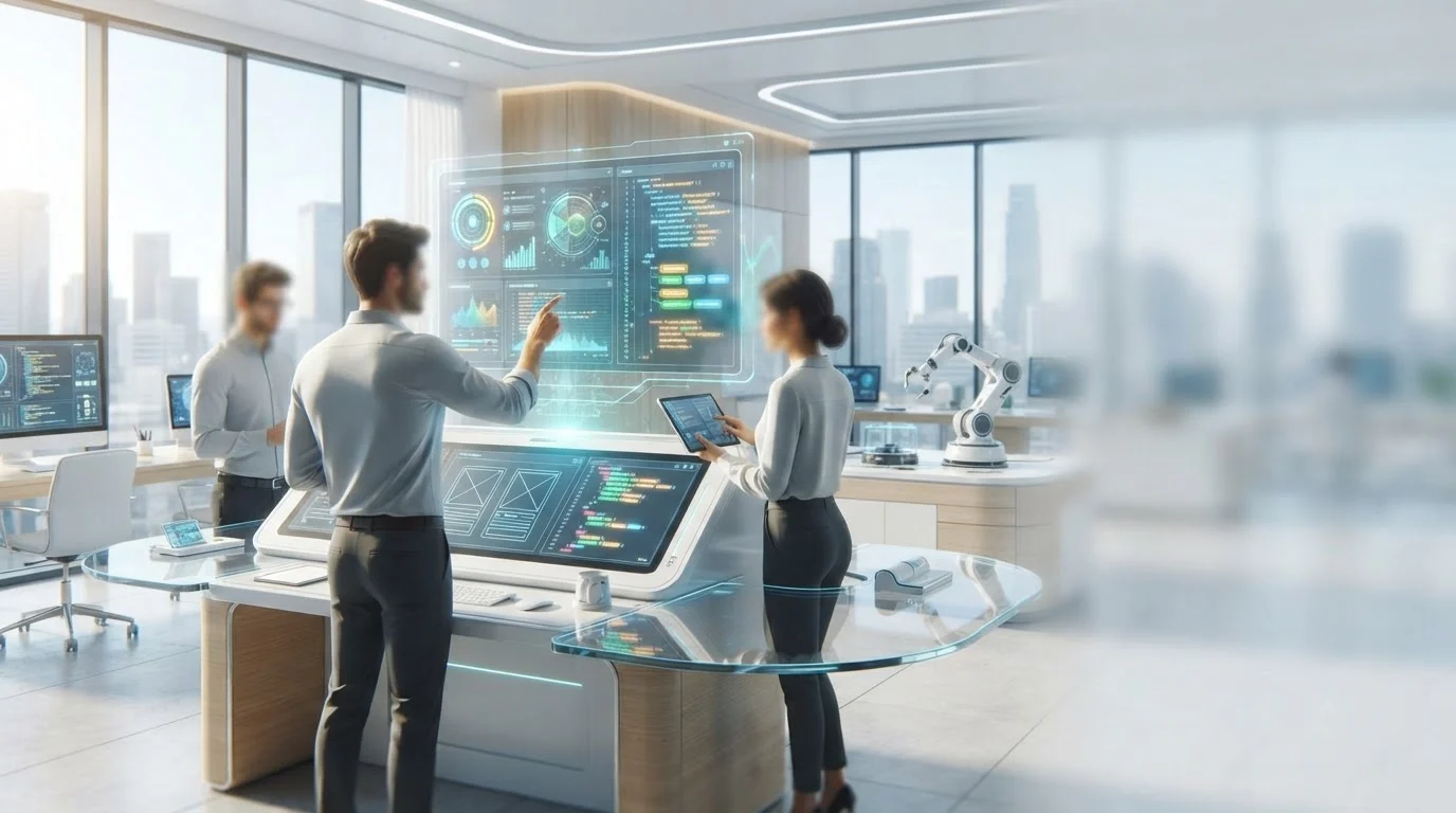 Engineers work with futuristic holographic code and data interfaces in a bright modern tech office overlooking a city.