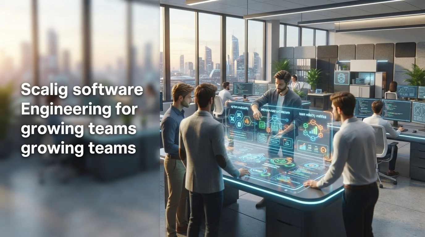 Engineers collaborate around a futuristic holographic interface in a bright modern office with city views.